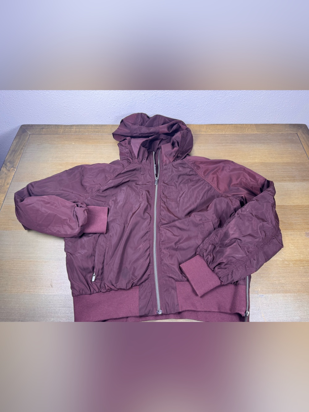 ATHLETA Burgundy Jetset Bomber Zip-Up Jacket Hidden Hood Activewear Womens Med